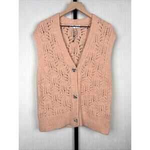 ZARA Pink Jewel Chunky Open Knit Button Up Sweater Vest M Oversized 90s NWOT